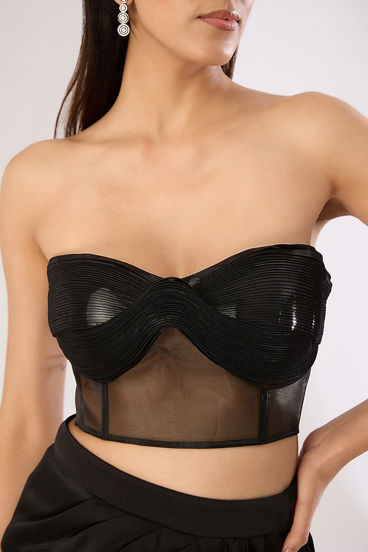 Black Metallic Polymer & Crepe Chiffon Bustier by Amit Aggarwal at Pernia's Pop Up Shop