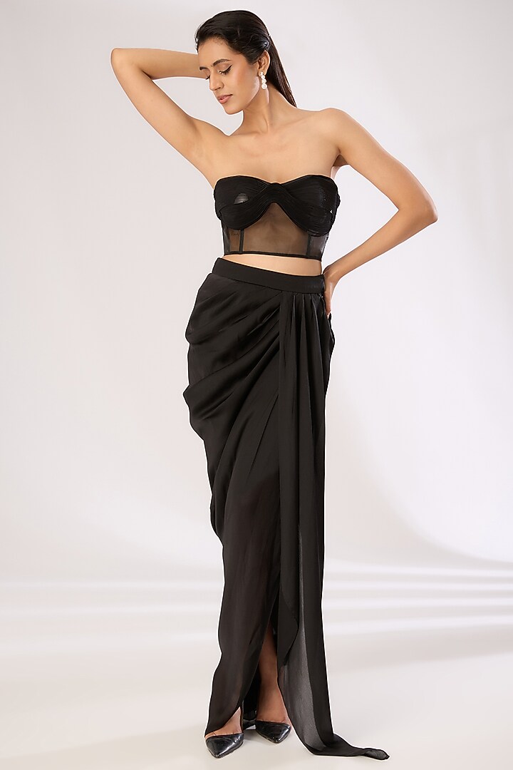 Black Metallic Polymer & Crepe Chiffon Bustier by Amit Aggarwal at Pernia's Pop Up Shop