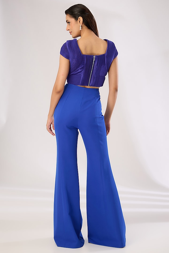 Royal Blue Metallic Polymer & Crepe Chiffon Flared Pants by Amit Aggarwal at Pernia's Pop Up Shop