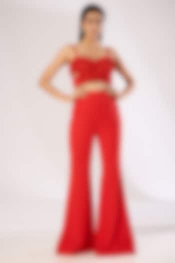 Red Metallic Polymer & Crepe Chiffon Flared Pants by Amit Aggarwal at Pernia's Pop Up Shop