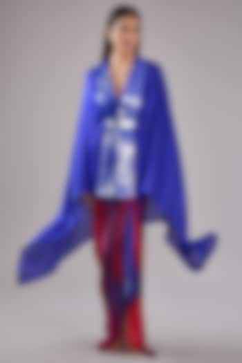 Red & Blue Crepe Chiffon Skirt by Amit Aggarwal