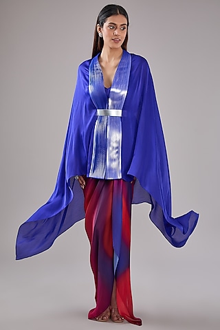 Red & Blue Crepe Chiffon Skirt by Amit Aggarwal