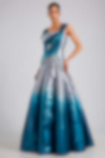 Grey & Teal Blue Metallic Striper Bridal Gown by Amit Aggarwal at Pernia's Pop Up Shop