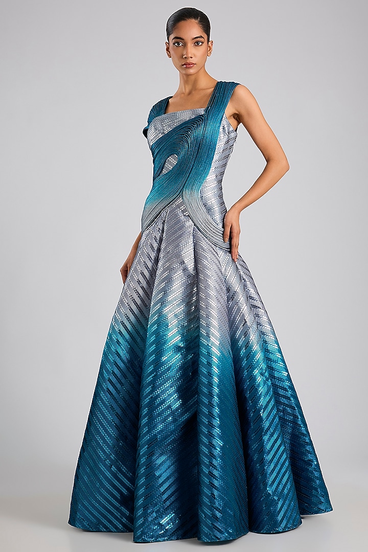 Grey & Teal Blue Metallic Striper Bridal Gown by Amit Aggarwal at Pernia's Pop Up Shop