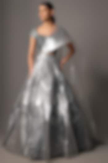 Silver Tulle & Poly Crepe Embroidered Bridal Lehenga Set by Amit Aggarwal at Pernia's Pop Up Shop