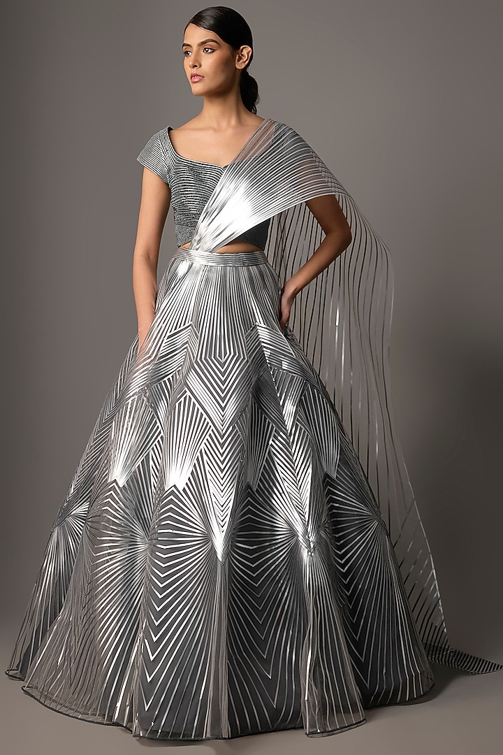 Silver Tulle & Poly Crepe Embroidered Bridal Lehenga Set by Amit Aggarwal at Pernia's Pop Up Shop