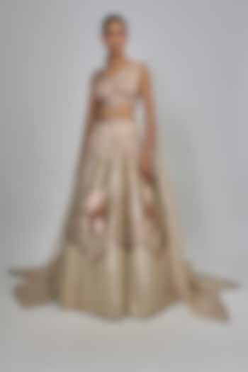 Beige & Gold Tulle Embroidered Bridal Lehenga Set by Amit Aggarwal at Pernia's Pop Up Shop