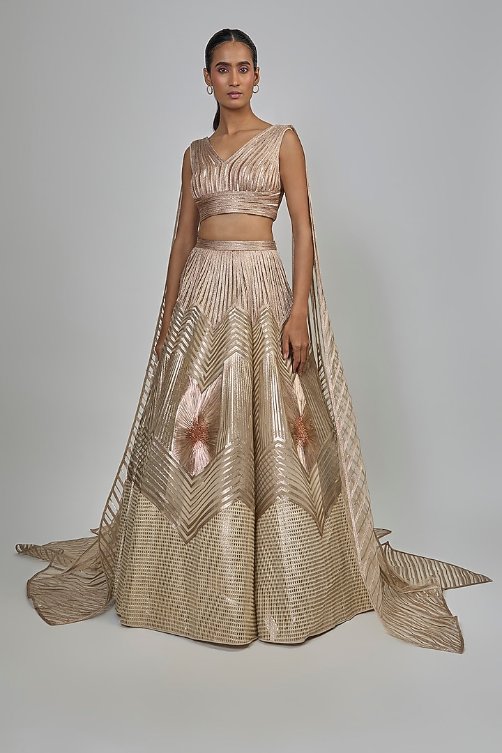 Beige & Gold Tulle Embroidered Bridal Lehenga Set by Amit Aggarwal at Pernia's Pop Up Shop