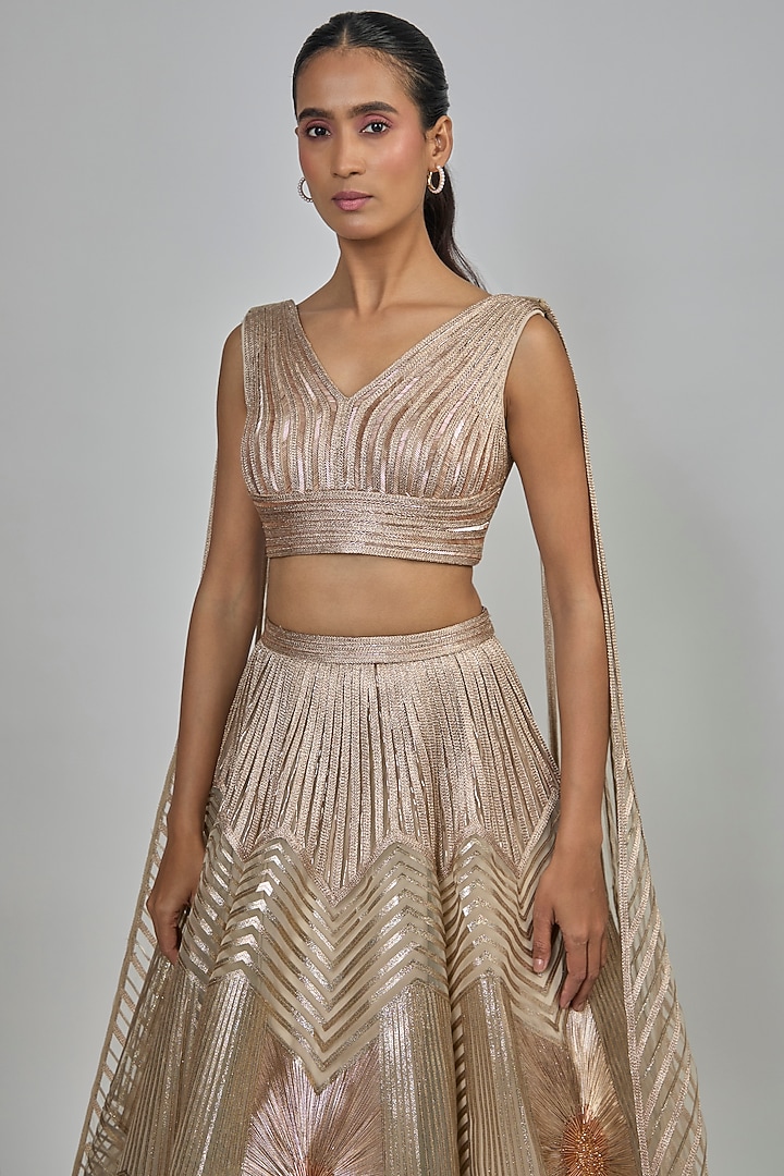 Beige & Gold Tulle Embroidered Bridal Lehenga Set by Amit Aggarwal at Pernia's Pop Up Shop
