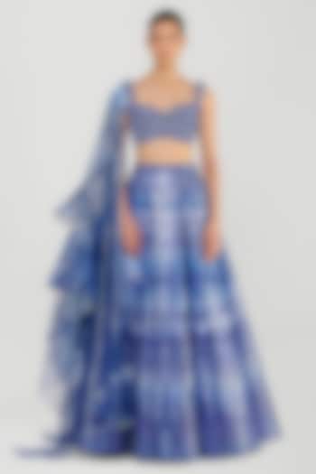 Cosmos Blue Metallic & Tulle Printed Draped Bridal Lehenga Set by Amit Aggarwal at Pernia's Pop Up Shop