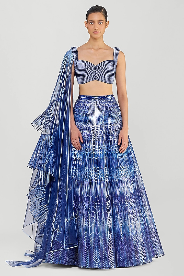 Cosmos Blue Metallic & Tulle Printed Draped Bridal Lehenga Set by Amit Aggarwal at Pernia's Pop Up Shop