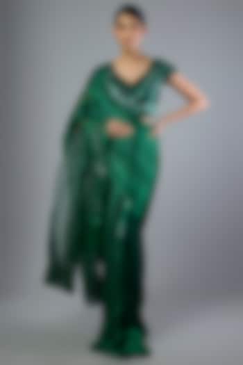Emerald Green Georgette Bridal Saree Set by Amit Aggarwal at Pernia's Pop Up Shop