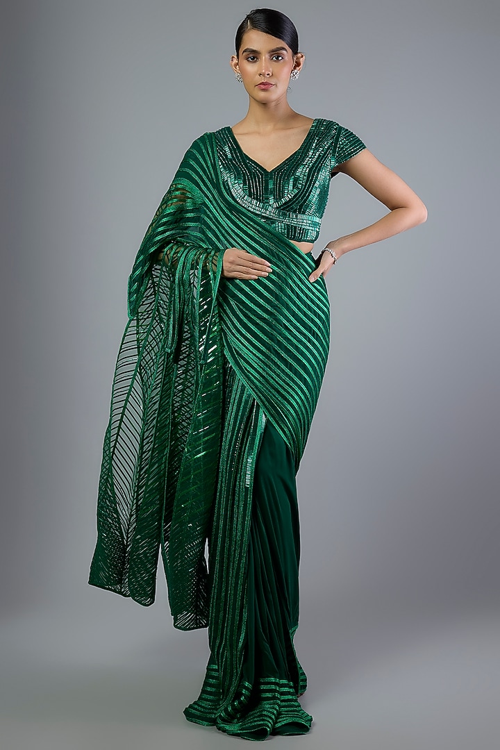 Emerald Green Georgette Bridal Saree Set by Amit Aggarwal at Pernia's Pop Up Shop