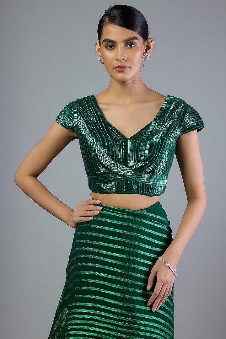 Emerald Green Georgette Bridal Saree Set by Amit Aggarwal at Pernia's Pop Up Shop