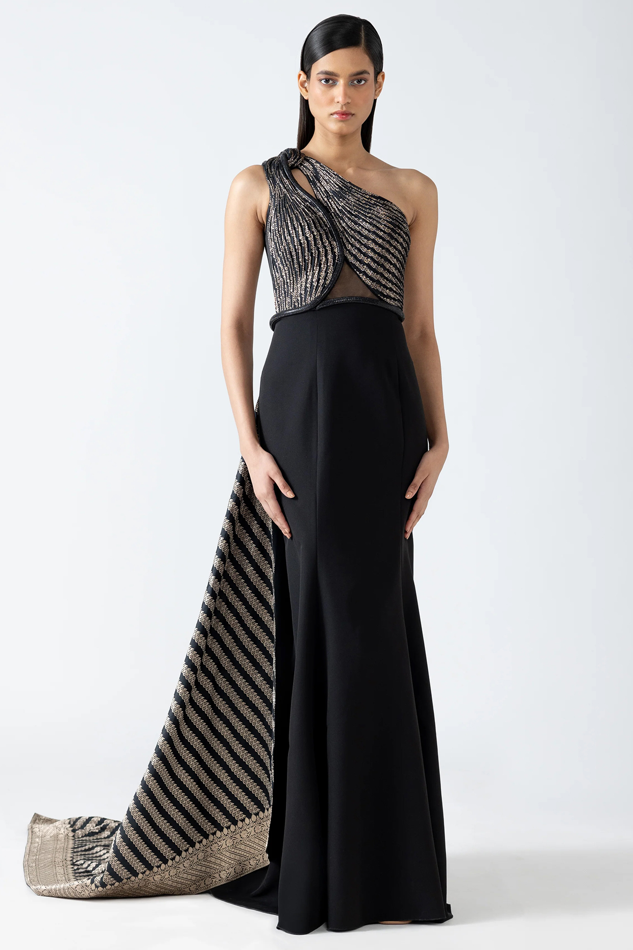 Black Banana Crepe & Banarasi Bridal Gown With Drape by Amit Aggarwal at Pernia's Pop Up Shop