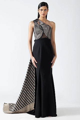 Black Banana Crepe & Banarasi Gown With Drape by Amit Aggarwal
