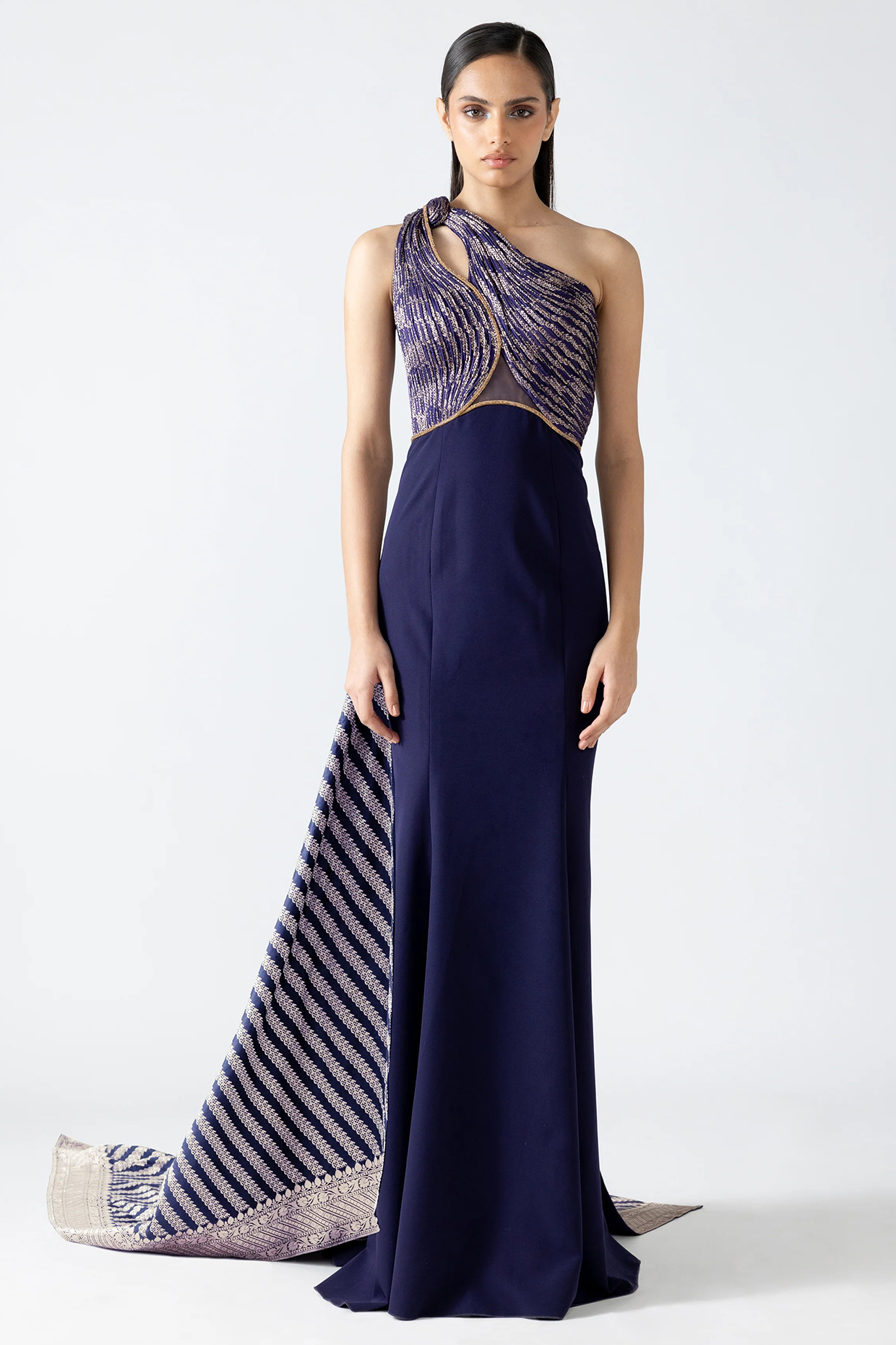 Ink Blue Stretch Crepe & Banarasi Bridal Gown With Drape by Amit Aggarwal at Pernia's Pop Up Shop