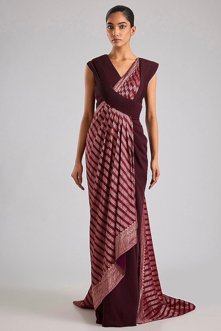 Wine Banana Crepe Moulded Bridal Gown Saree by Amit Aggarwal at Pernia's Pop Up Shop