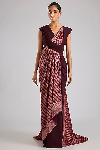 Wine Banana Crepe Moulded Gown Saree by Amit Aggarwal