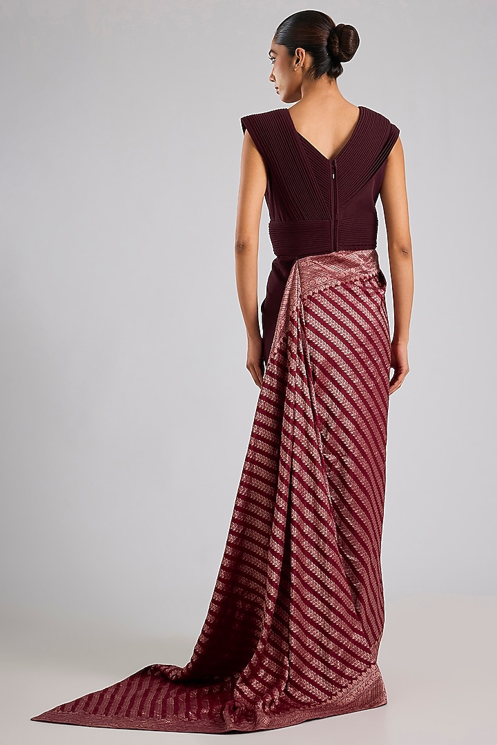 Wine Banana Crepe Moulded Bridal Gown Saree by Amit Aggarwal at Pernia's Pop Up Shop