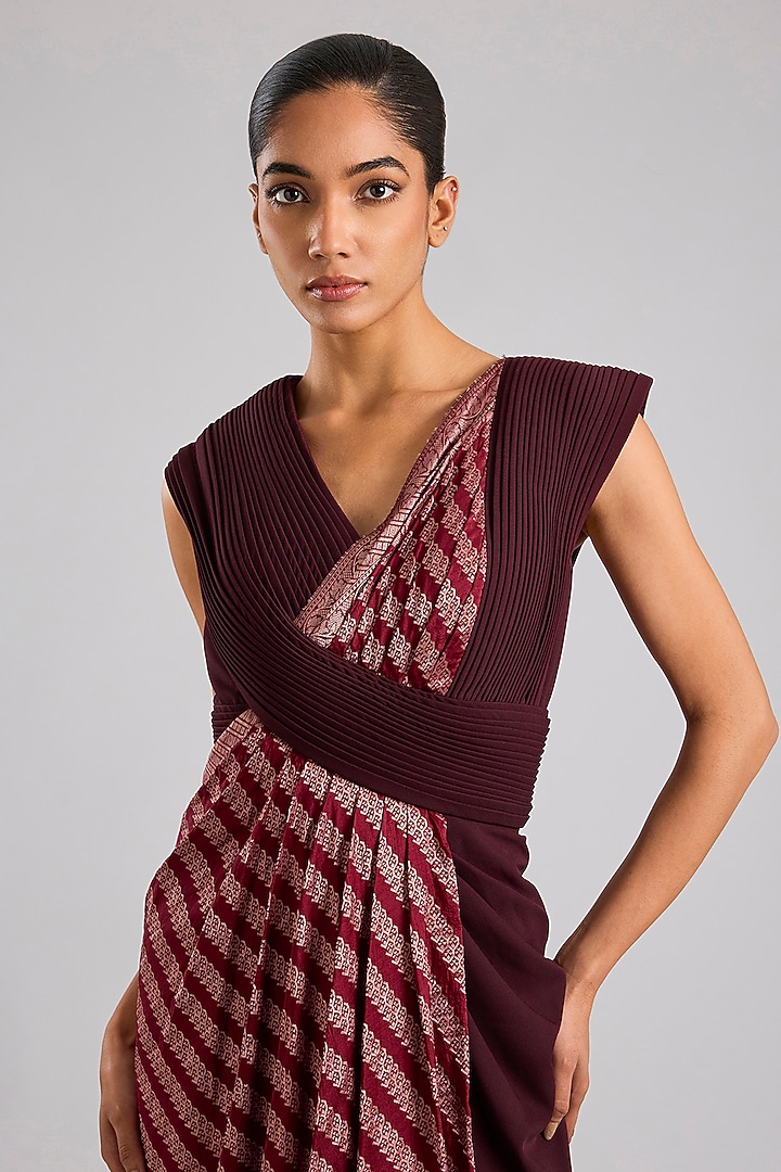 Wine Banana Crepe Moulded Bridal Gown Saree by Amit Aggarwal at Pernia's Pop Up Shop