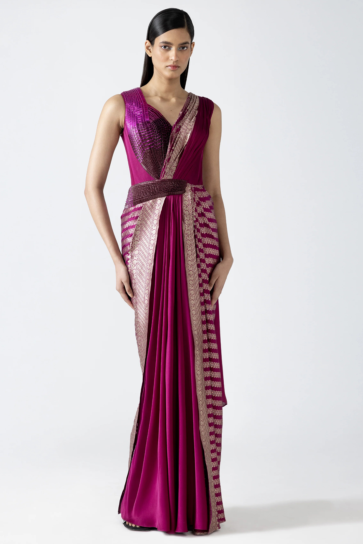 Fuchsia Pink Satin Chiffon & Banarasi Bridal Gown Saree by Amit Aggarwal at Pernia's Pop Up Shop