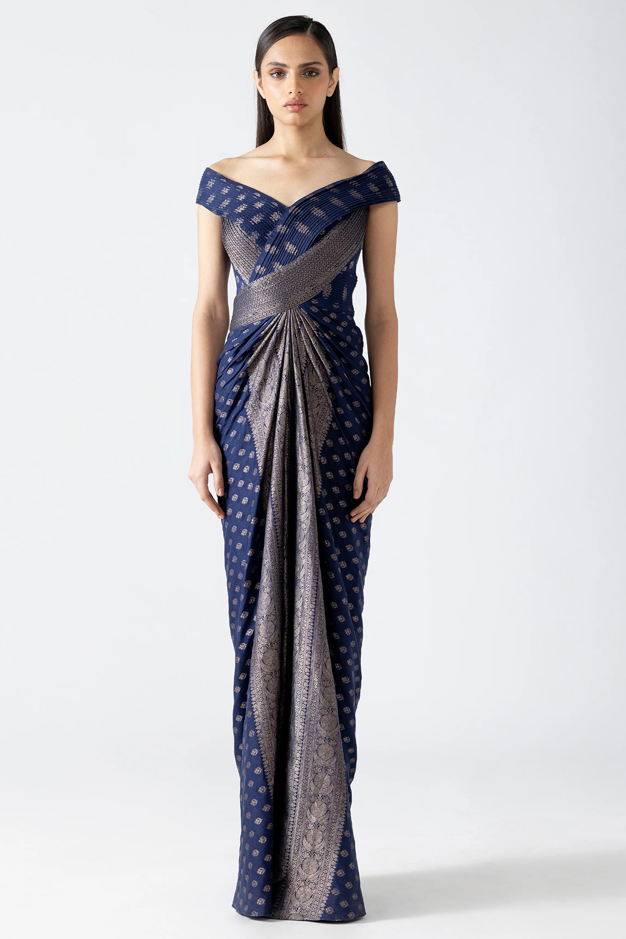 Ink Blue Banarasi Structured Bridal Gown by Amit Aggarwal at Pernia's Pop Up Shop