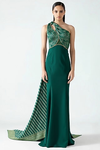 Emerald Green Banarasi & Banana Crepe Gown by Amit Aggarwal
