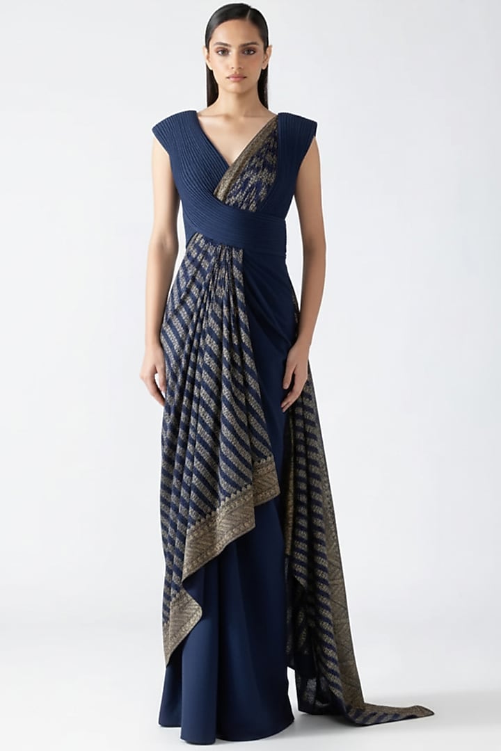 Ink Blue Banarasi & Banana Crepe Wedding Gown by Amit Aggarwal at Pernia's Pop Up Shop