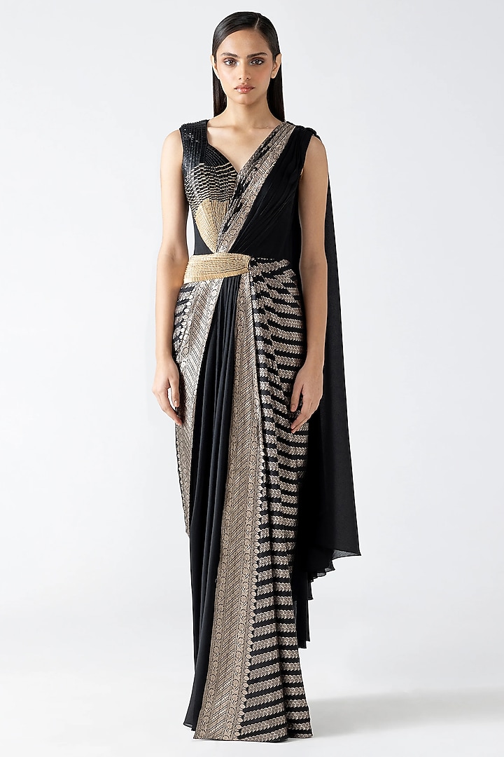 Black Satin Chiffon & Banarasi Bridal Gown Saree by Amit Aggarwal at Pernia's Pop Up Shop
