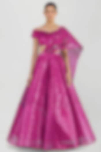 Bloom Pink Tulle & Striped Bridal Lehenga Set by Amit Aggarwal at Pernia's Pop Up Shop