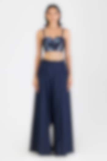 Cosmos Blue Poplin Handwoven Metallic Bustier by Amit Aggarwal at Pernia's Pop Up Shop