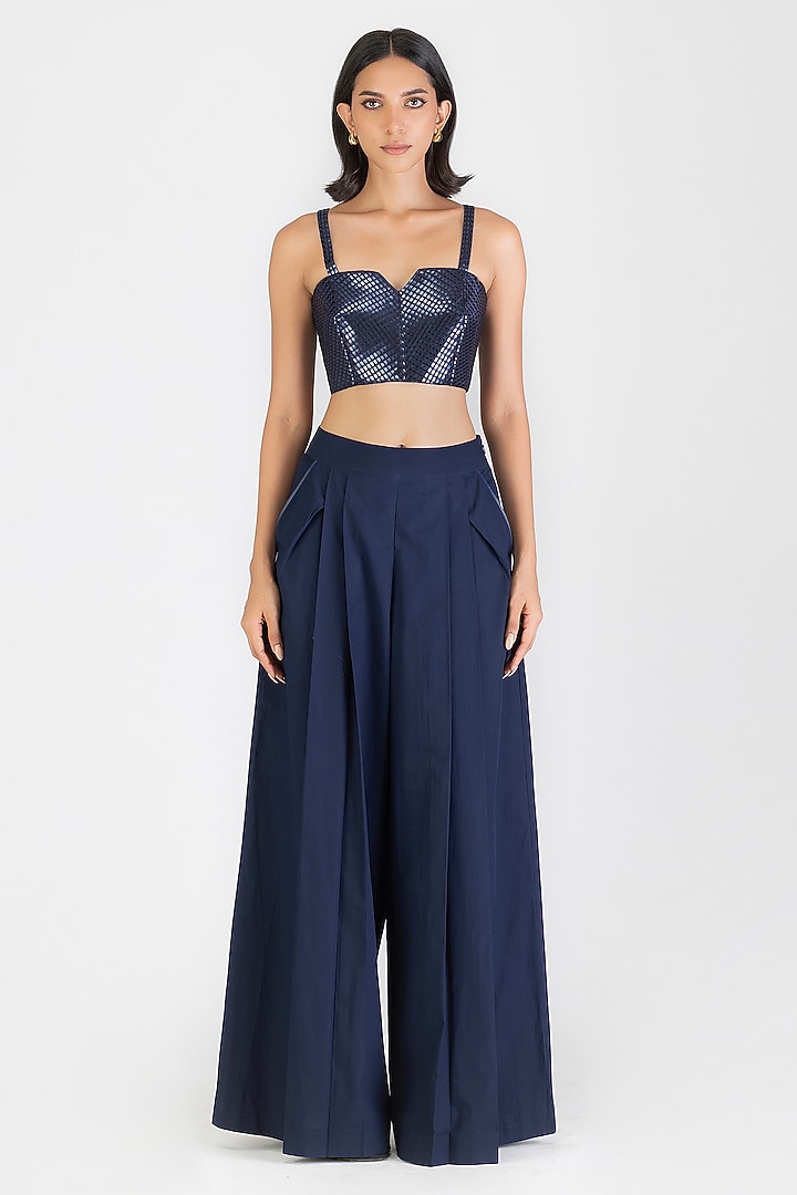 Cosmos Blue Poplin Handwoven Metallic Bustier by Amit Aggarwal at Pernia's Pop Up Shop