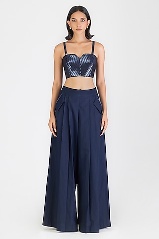 Cosmos Blue Poplin Handwoven Metallic Bustier by Amit Aggarwal