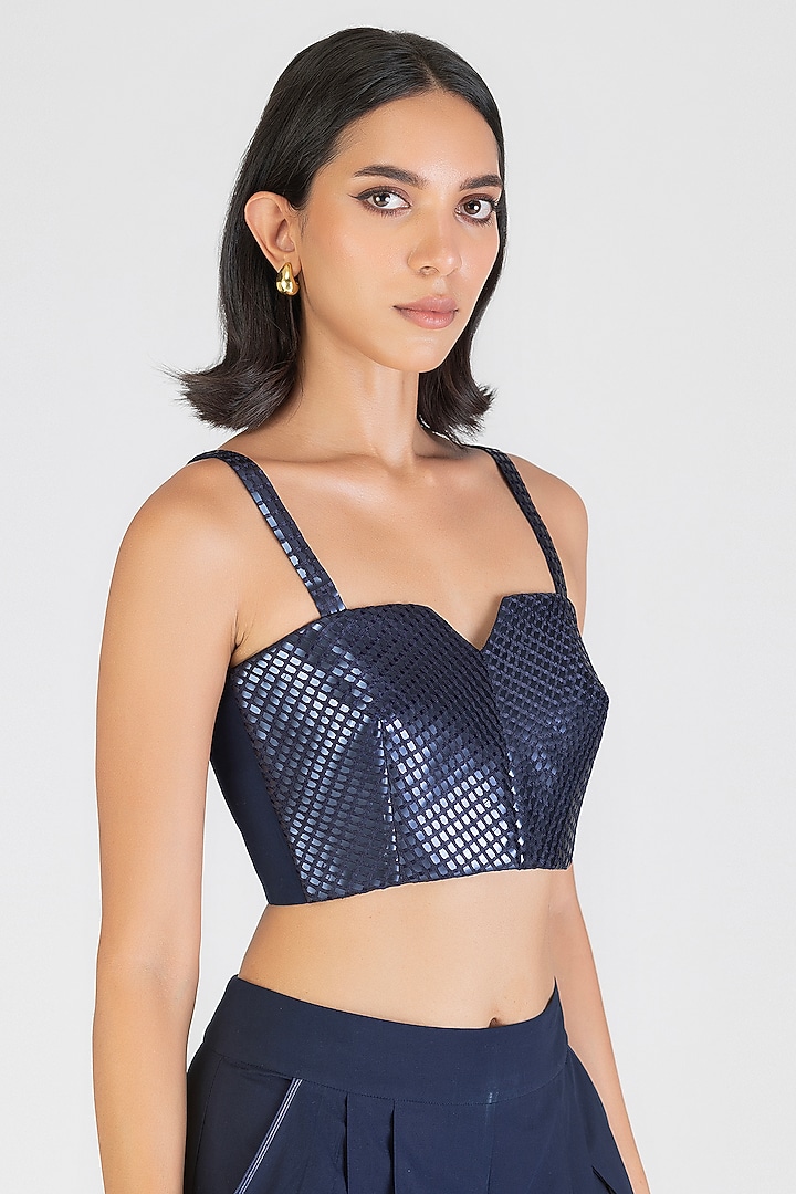 Cosmos Blue Poplin Handwoven Metallic Bustier by Amit Aggarwal at Pernia's Pop Up Shop