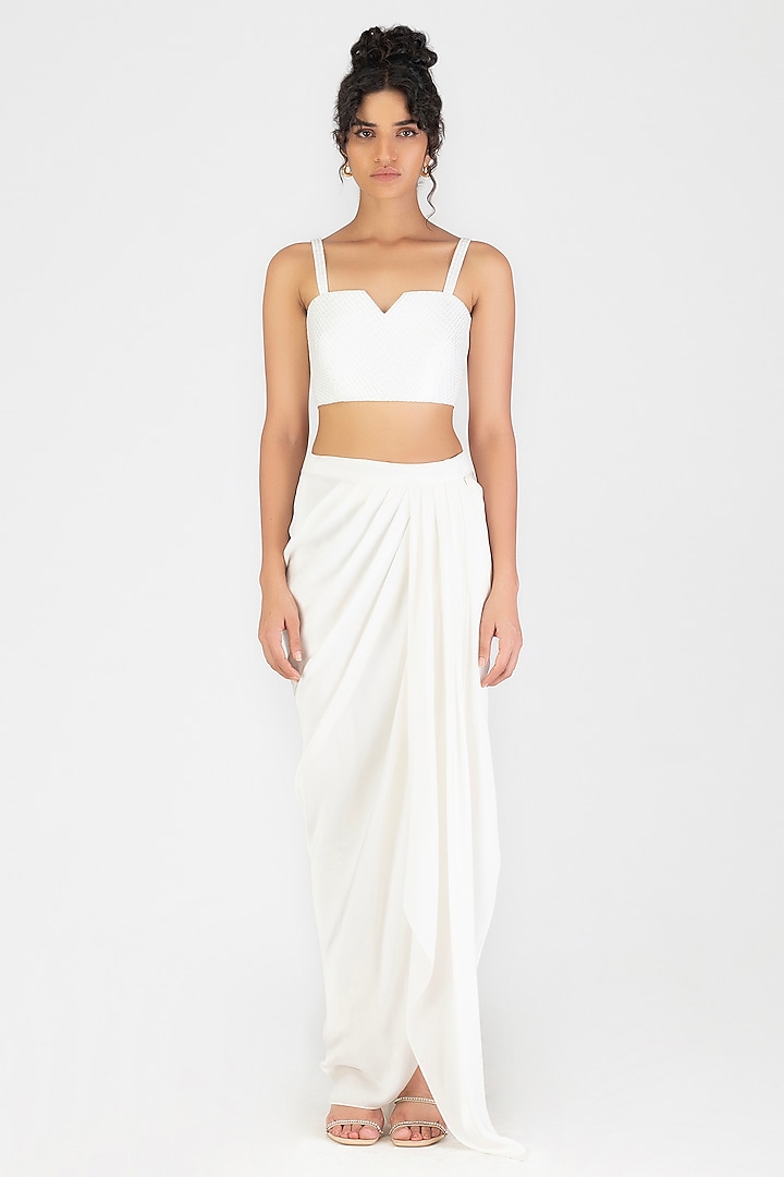 Pearl White Poplin Handwoven Metallic Bustier by Amit Aggarwal at Pernia's Pop Up Shop