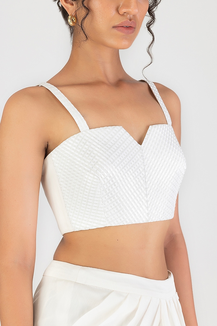 Pearl White Poplin Handwoven Metallic Bustier by Amit Aggarwal at Pernia's Pop Up Shop
