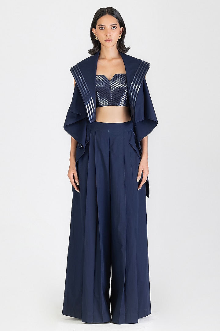 Cosmos Blue Poplin Metallic Embellished Jacket by Amit Aggarwal at Pernia's Pop Up Shop