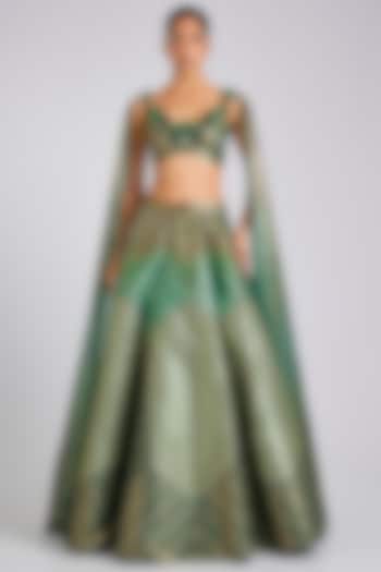 Emerald Ombre Organza & Butterfly Net Metallic Fluted Bridal Lehenga Set  by Amit Aggarwal at Pernia's Pop Up Shop