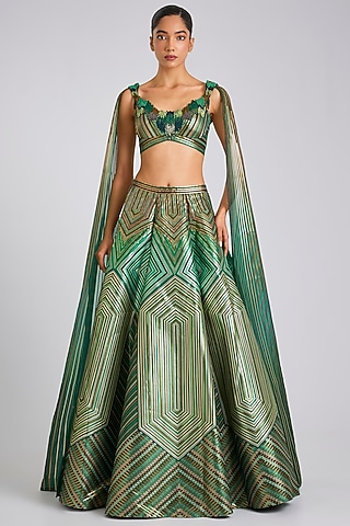 Emerald Ombre Organza & Butterfly Net Metallic Fluted Lehenga Set  by Amit Aggarwal