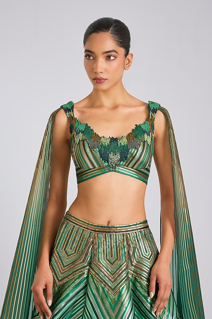 Emerald Ombre Organza & Butterfly Net Metallic Fluted Bridal Lehenga Set by Amit Aggarwal at Pernia's Pop Up Shop