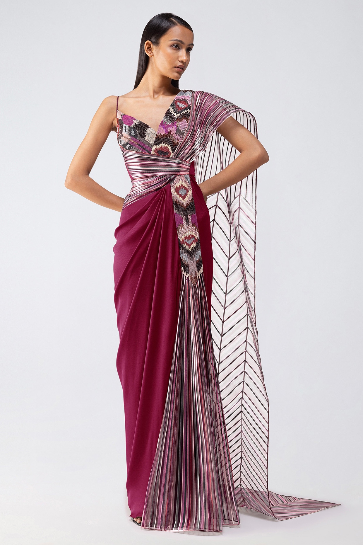 Amit Aggarwal Garnet-Colored Organza Draped Gown Saree