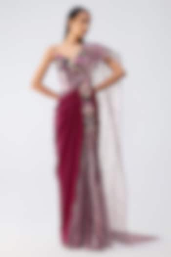Garnet-Colored Organza Glass Bead Embroidered Draped Bridal Gown Saree by Amit Aggarwal at Pernia's Pop Up Shop