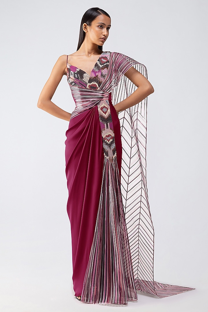 Garnet-Colored Organza Glass Bead Embroidered Draped Bridal Gown Saree by Amit Aggarwal at Pernia's Pop Up Shop