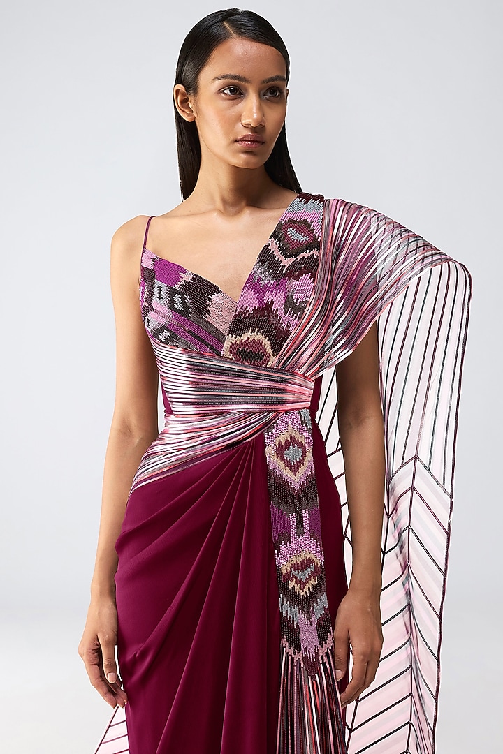 Garnet-Colored Organza Draped Bridal Gown Saree by Amit Aggarwal at Pernia's Pop Up Shop