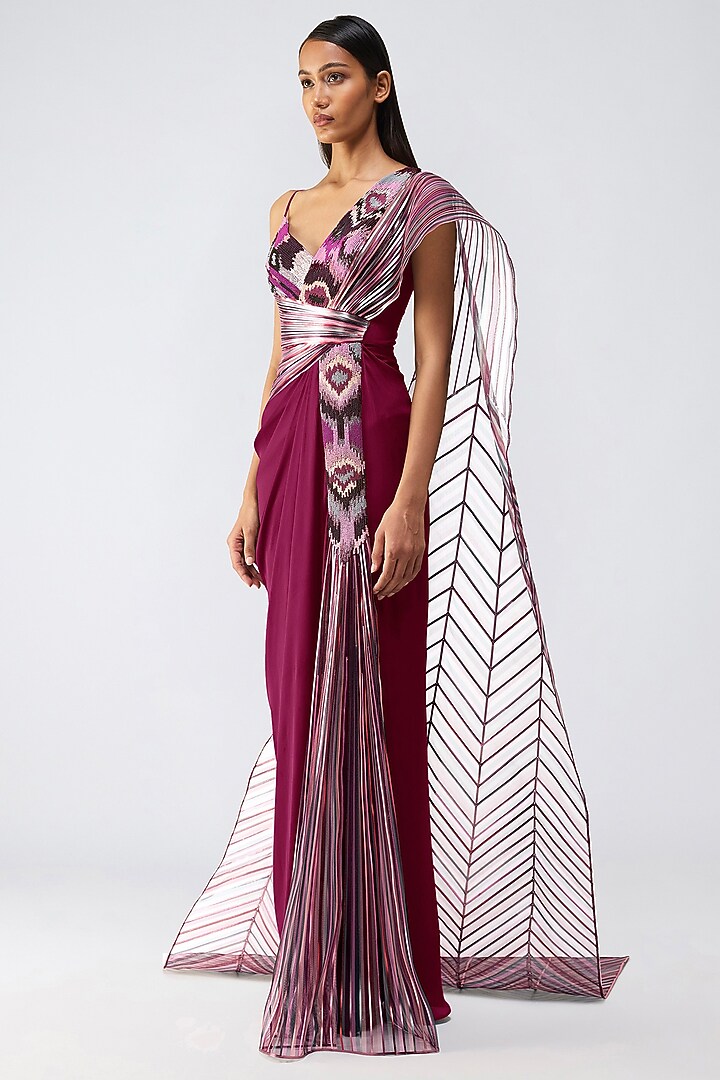 Garnet-Colored Organza Draped Bridal Gown Saree by Amit Aggarwal at Pernia's Pop Up Shop