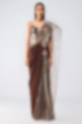 Earth Brown Chiffon & Butterfly Net Metallic Draped Bridal Gown by Amit Aggarwal at Pernia's Pop Up Shop