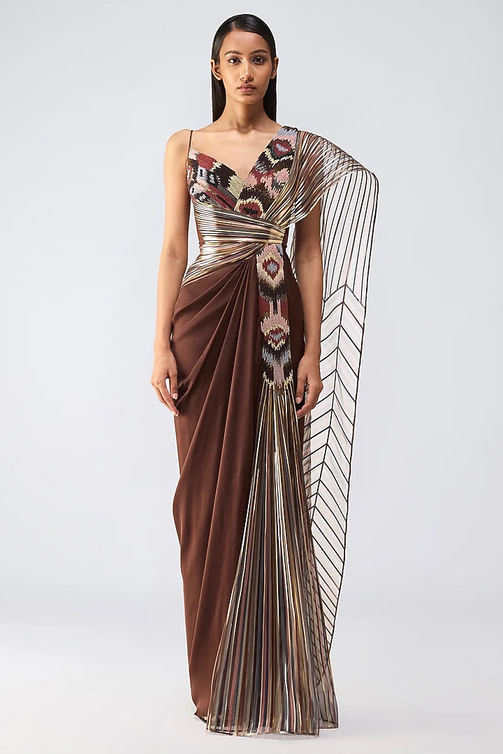 Earth Brown Chiffon & Butterfly Net Metallic Draped Bridal Gown by Amit Aggarwal at Pernia's Pop Up Shop