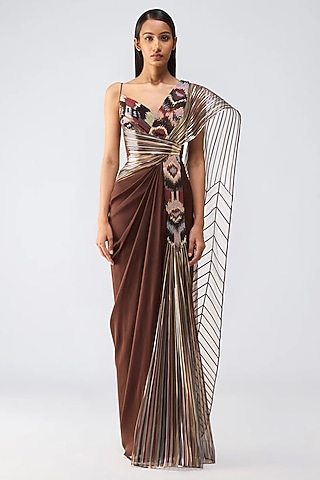 Earth Brown Chiffon & Butterfly Net Metallic Draped Gown by Amit Aggarwal