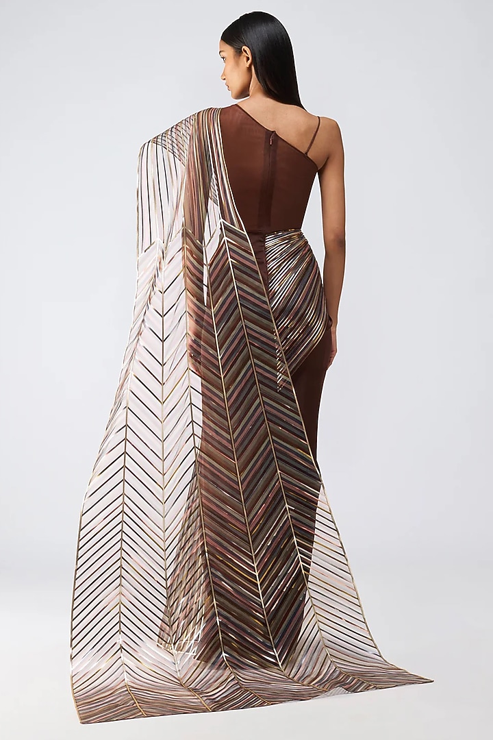 Earth Brown Chiffon & Butterfly Net Metallic Draped Bridal Gown by Amit Aggarwal at Pernia's Pop Up Shop
